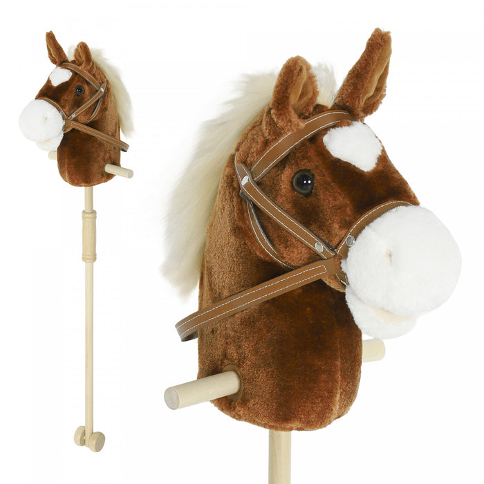 Qaba Stick Horse, Plush Handcrafted Hobby Horse with Wood Wheels, Real Pony Neighing and Galloping Sounds, for Kids, Toddlers Pretend Play, Brown