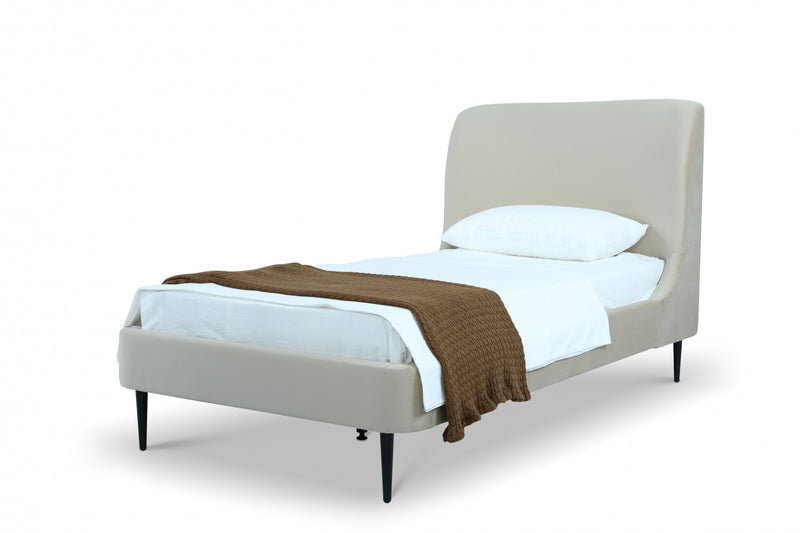 Heather Mid-Century Modern Velvet Upholstered Twin Bed in Cream and Black