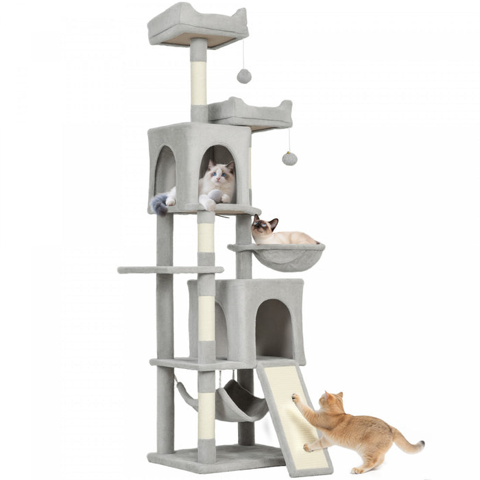 PawHut Cat Tree, 70\" Multi-Level Cat Tower for Indoor with 2 Condos, 2 Plush Top Perches, Hammock, Platforms, Toy Balls, Sisal Scratching Posts and Board, Light Grey
