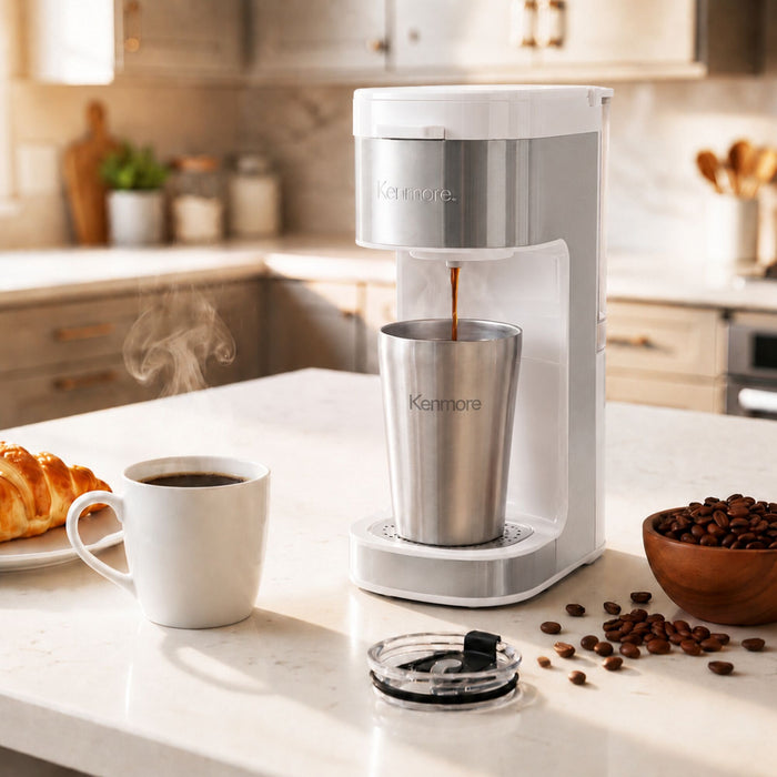 Kenmore Single Serve Coffee Maker with Travel Mug – White - KKCMKCM-W