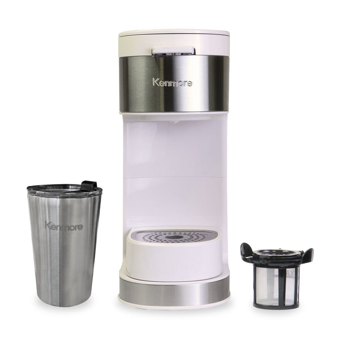 Kenmore Single Serve Coffee Maker with Travel Mug – White - KKCMKCM-W
