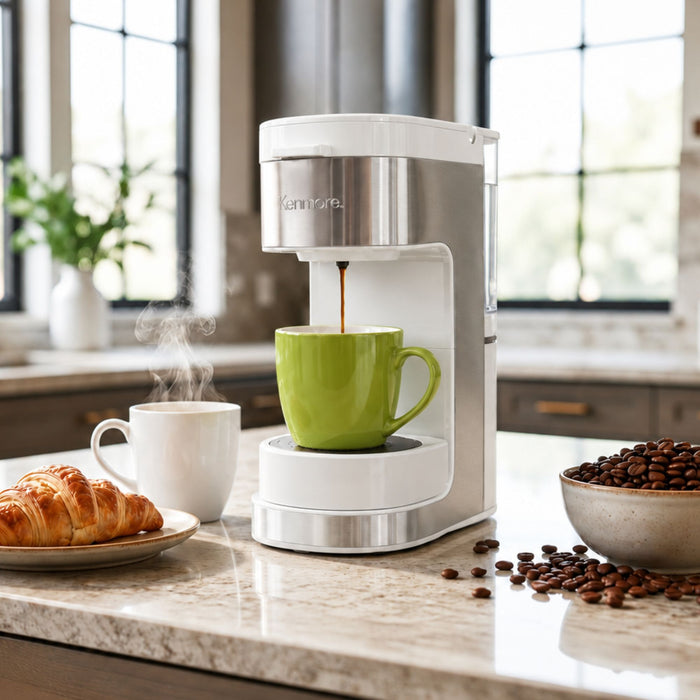 Kenmore Single Serve Coffee Maker with Travel Mug – White - KKCMKCM-W