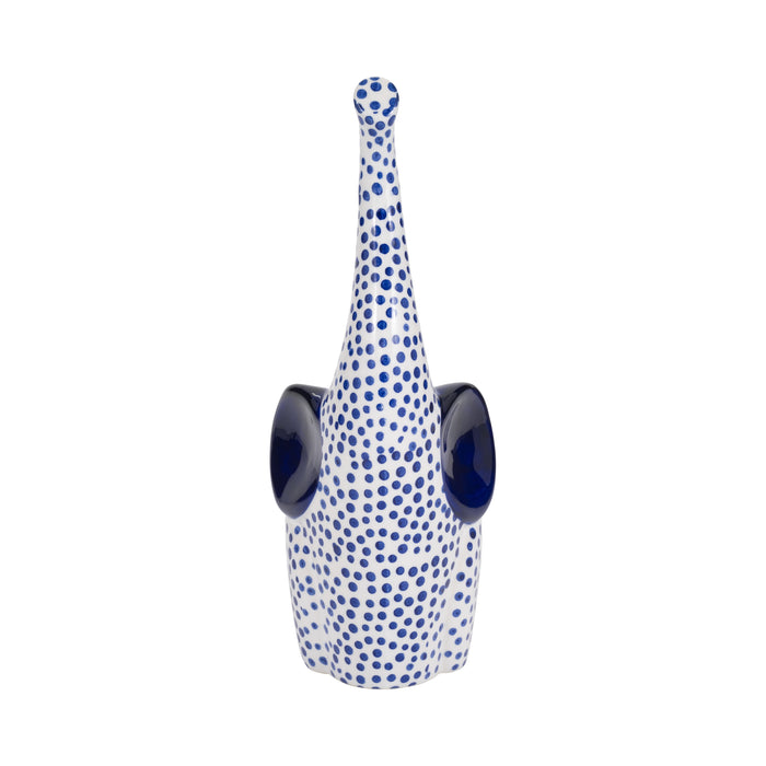 11\" Hand Stamped Trunk Up Elephant - Blue and White