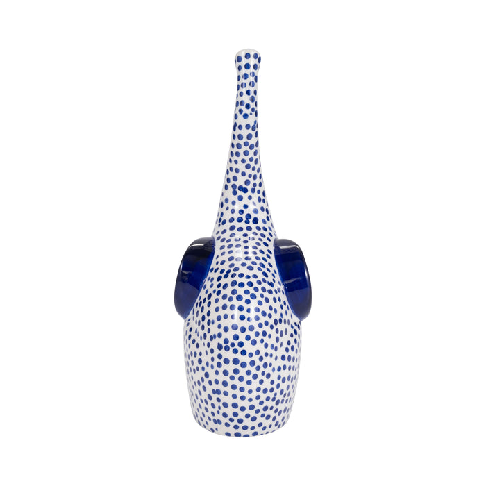 11\" Hand Stamped Trunk Up Elephant - Blue and White