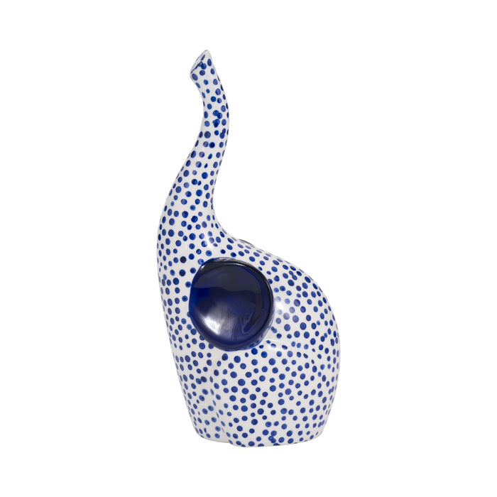 11\" Hand Stamped Trunk Up Elephant - Blue and White