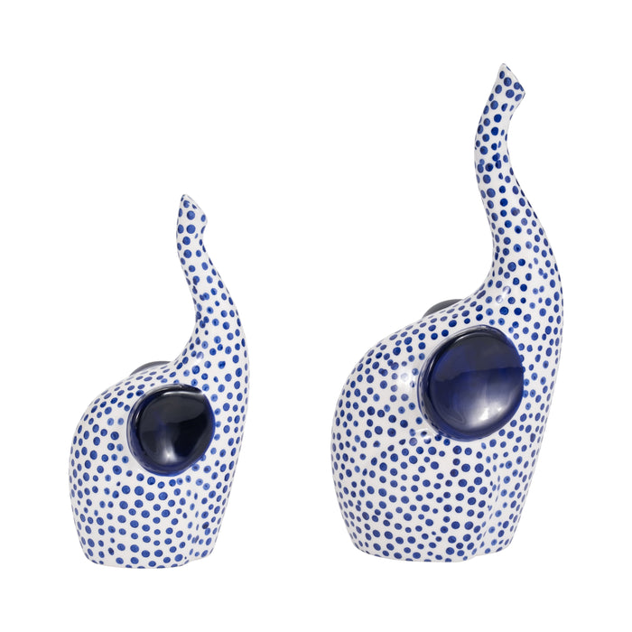 11\" Hand Stamped Trunk Up Elephant - Blue and White