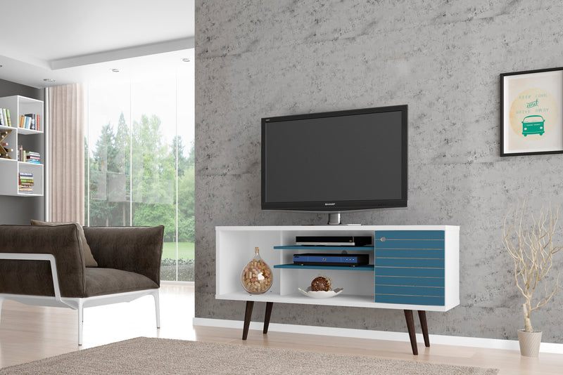 Manhattan Comfort Liberty 53.14\" Mid-Century Modern TV Stand with 5 Shelves & 1 Door - White & Aqua Blue