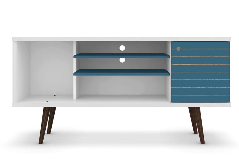 Manhattan Comfort Liberty 53.14\" Mid-Century Modern TV Stand with 5 Shelves & 1 Door - White & Aqua Blue