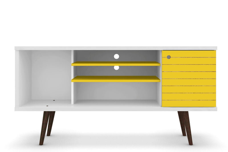 Manhattan Comfort Liberty 53.14\" Mid-Century Modern TV Stand with 5 Shelves & 1 Door - White & Rustic Brown