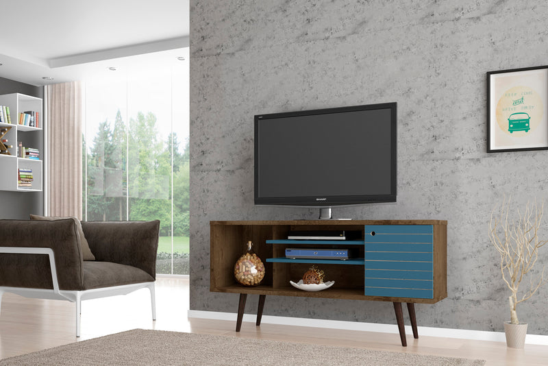 Manhattan Comfort Liberty 53.14\" Mid-Century Modern TV Stand with 5 Shelves & 1 Door - Rustic Brown