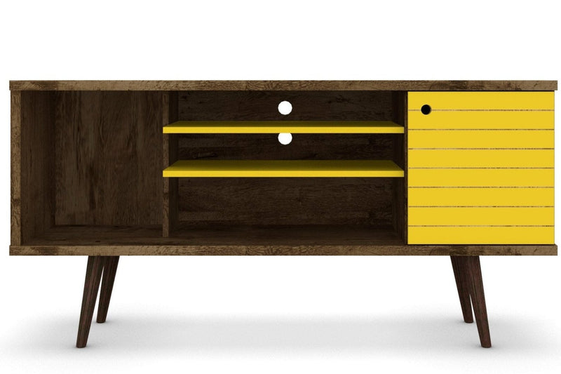 Manhattan Comfort Liberty 53.14\" Mid-Century Modern TV Stand with 5 Shelves & 1 Door - Rustic Brown & White