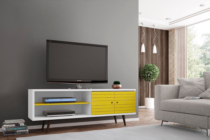 Manhattan Comfort Liberty 62.99\" Mid-Century Modern TV Stand with 3 Shelves & 2 Doors - White & Rustic Brown
