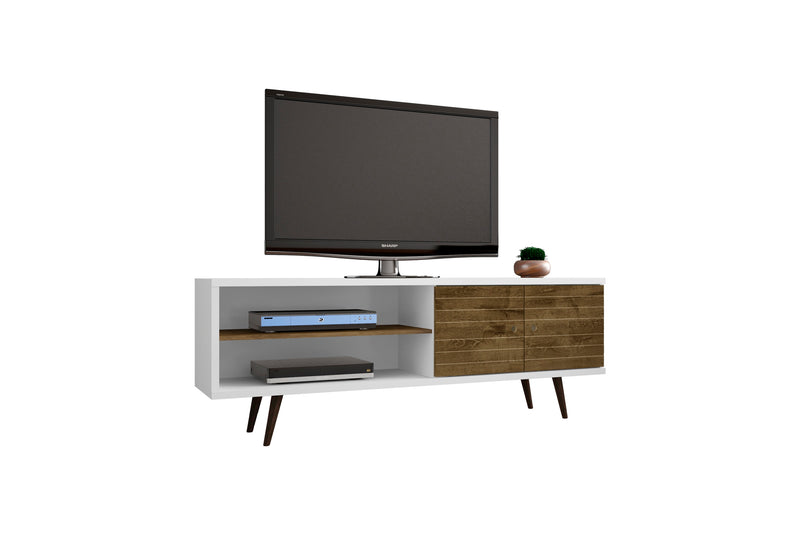 Manhattan Comfort Liberty 62.99\" Mid-Century Modern TV Stand with 3 Shelves & 2 Doors - White & Brown