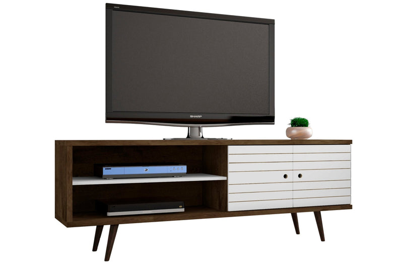 Manhattan Comfort Liberty 62.99\" Mid-Century Modern TV Stand with 3 Shelves & 2 Doors - Rustic Brown & Aqua Blue