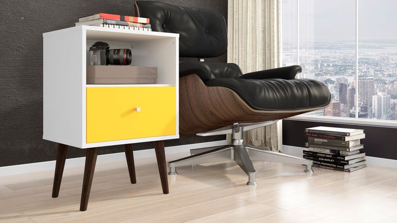 Manhattan Comfort Liberty Mid-Century Modern Nightstand with Cubby Space & Drawer - White & Yellow