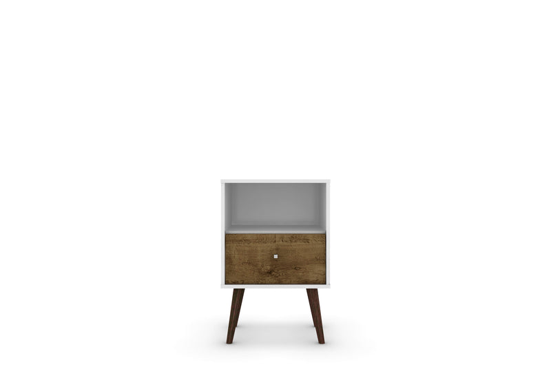 Manhattan Comfort Liberty Mid-Century Modern Nightstand with Cubby Space & Drawer - White & Rustic Brown