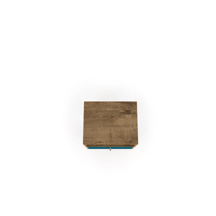 Manhattan Comfort Liberty Mid-Century Modern Nightstand with Cubby Space & Drawer - Rustic Brown & Aqua Blue