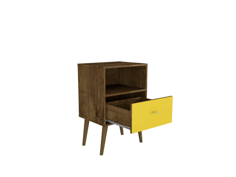 Manhattan Comfort Liberty Mid-Century Modern Nightstand with Cubby Space & Drawer - Rustic Brown & Yellow