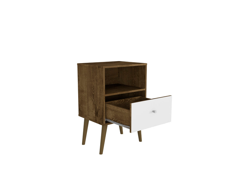 Manhattan Comfort Liberty Mid-Century Modern Nightstand with Cubby Space & Drawer - Rustic Brown & White