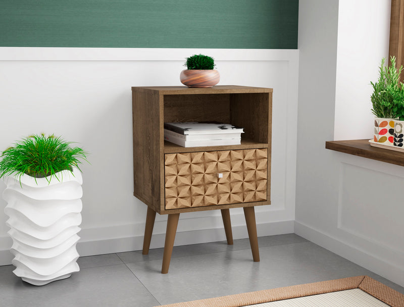 Manhattan Comfort Liberty Mid-Century Modern Nightstand with Cubby Space & Drawer - Rustic Brown