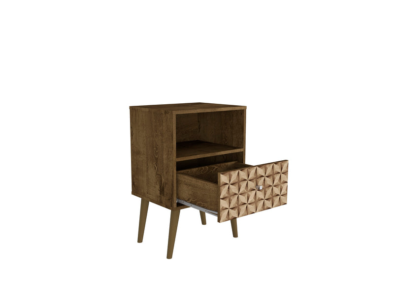 Manhattan Comfort Liberty Mid-Century Modern Nightstand with Cubby Space & Drawer - Rustic Brown