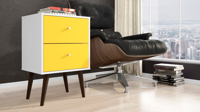 Manhattan Comfort Liberty Mid-Century Modern Nightstand with 2 Full Extension Drawers - White & Yellow