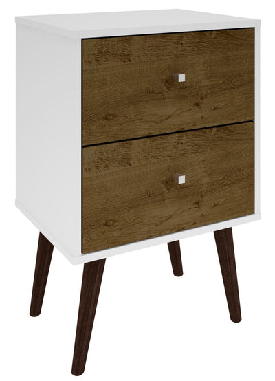 Manhattan Comfort Liberty Mid-Century Modern Nightstand with 2 Full Extension Drawers - White & Rustic Brown|Table de nuit Liberty de Manhattan Comfort de style moderne du milieu du 20e siècle avec 2 tiroirs à extension complète - blanche et brun rustique