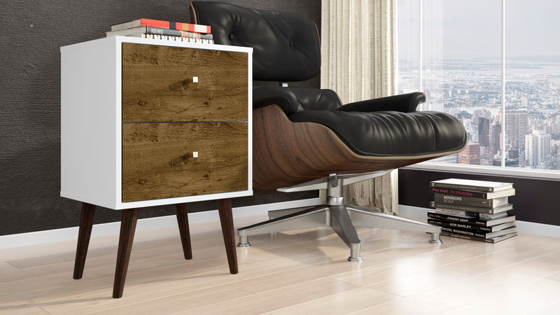 Manhattan Comfort Liberty Mid-Century Modern Nightstand with 2 Full Extension Drawers - White & Rustic Brown