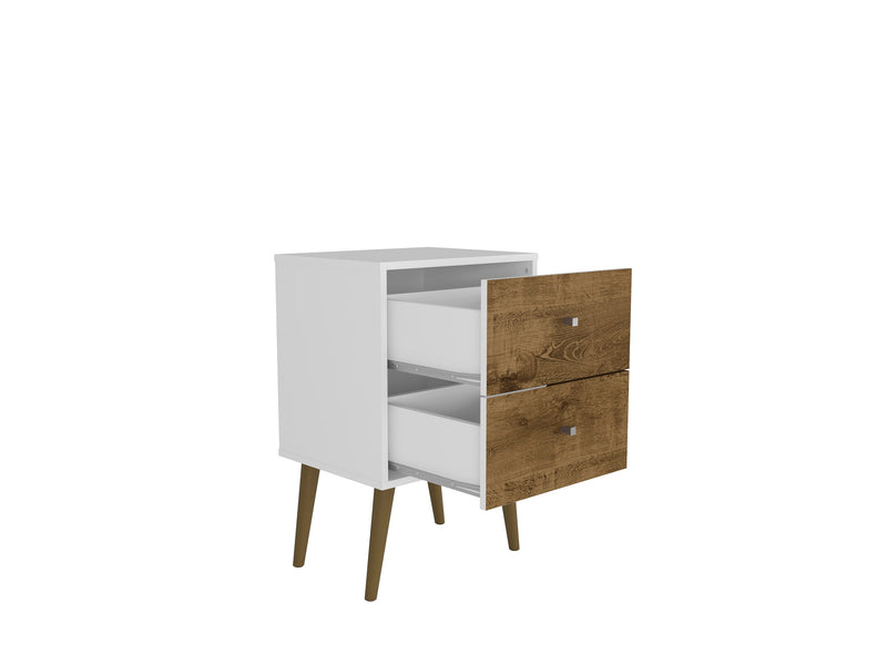 Manhattan Comfort Liberty Mid-Century Modern Nightstand with 2 Full Extension Drawers - White & Rustic Brown