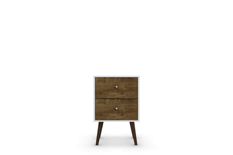 Manhattan Comfort Liberty Mid-Century Modern Nightstand with 2 Full Extension Drawers - White & Rustic Brown