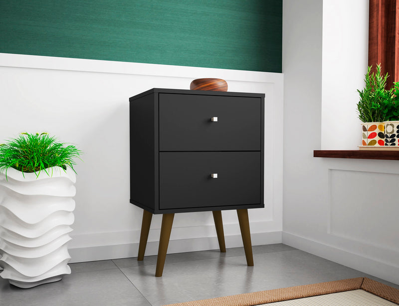 Manhattan Comfort Liberty Mid-Century Modern Nightstand with 2 Full Extension Drawers - Black