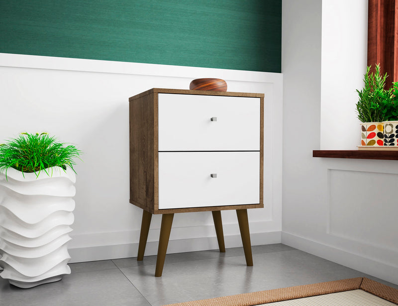 Manhattan Comfort Liberty Mid-Century Modern Nightstand with 2 Full Extension Drawers - Rustic Brown & White