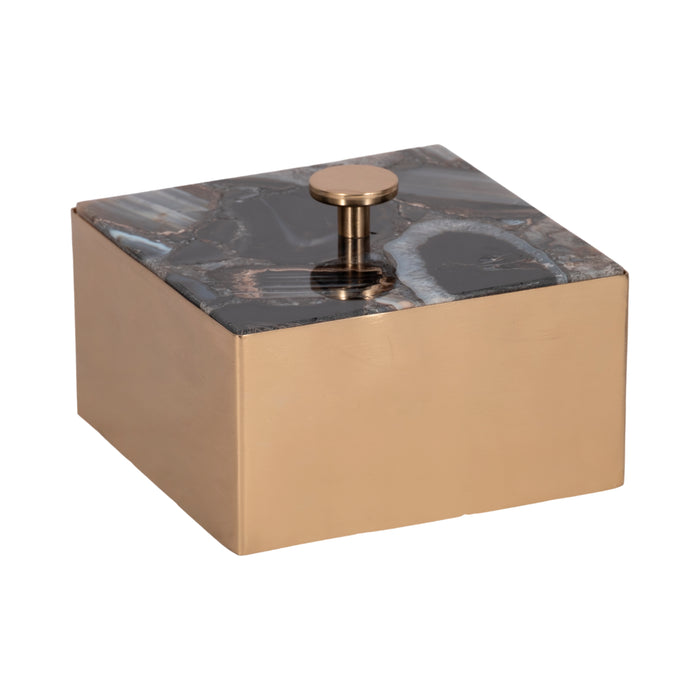 Metal 6\" Trinket Box with Agate Lid - Gold and Black