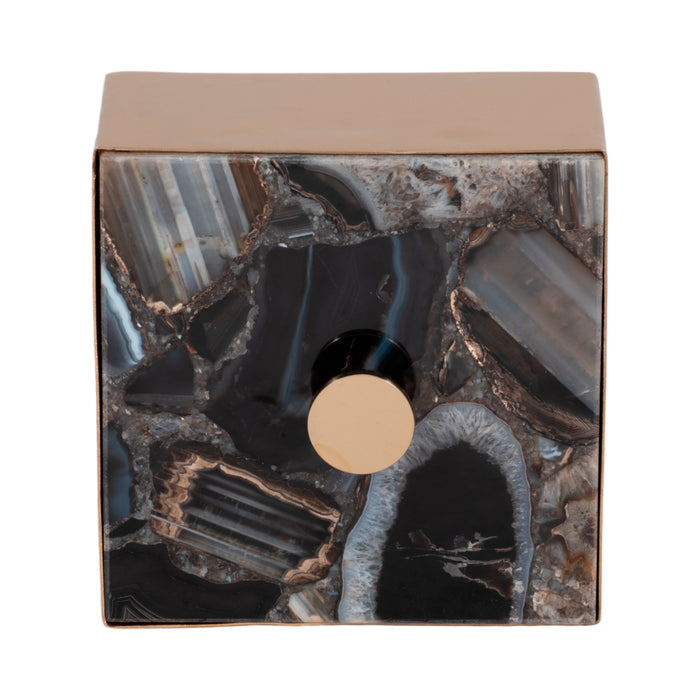 Metal 6\" Trinket Box with Agate Lid - Gold and Black