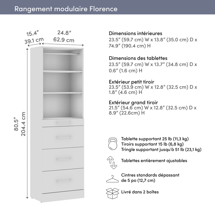 Bestar Florence 25\" Modular Reach-In/Walk-In Closet System with Storage - White