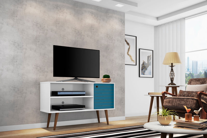 Manhattan Comfort Liberty 42.52\" Mid-Century Modern TV Stand with 2 Shelves & 1 Door - White & Aqua Blue