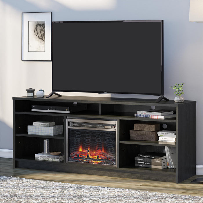 Ameriwood Home Hendrix 65\" TV Stand with Electric Fireplace Insert and Shelves - Black Oak
