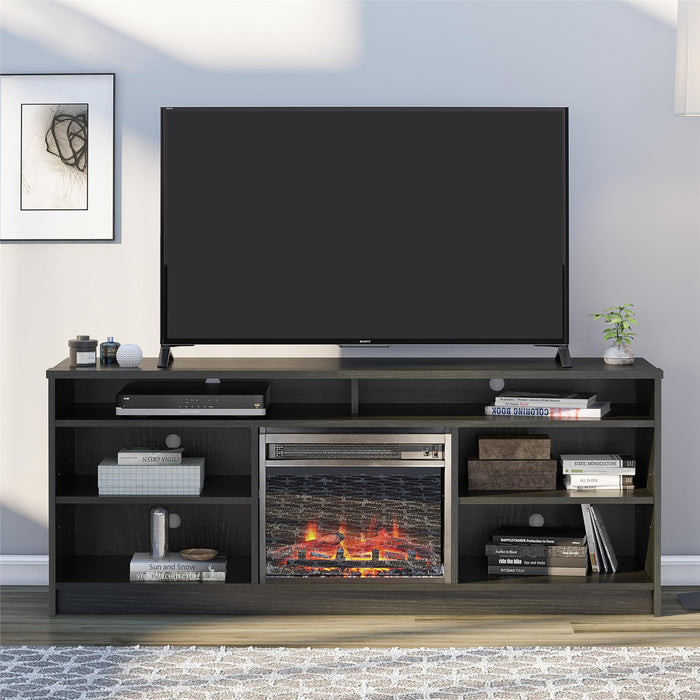 Ameriwood Home Hendrix 65\" TV Stand with Electric Fireplace Insert and Shelves - Black Oak
