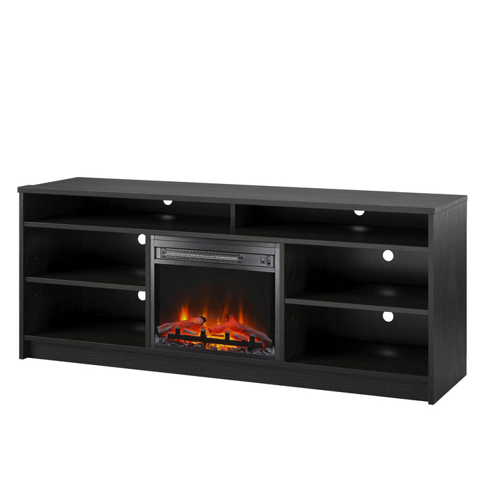 Ameriwood Home Hendrix 65\" TV Stand with Electric Fireplace Insert and Shelves - Black Oak