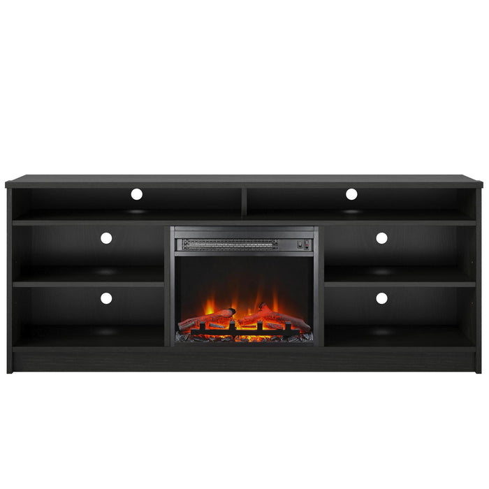 Ameriwood Home Hendrix 65\" TV Stand with Electric Fireplace Insert and Shelves - Black Oak