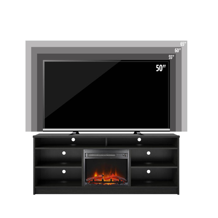 Ameriwood Home Hendrix 65\" TV Stand with Electric Fireplace Insert and Shelves - Black Oak