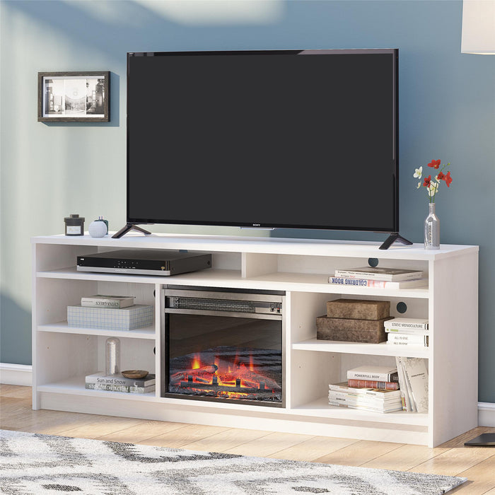 Ameriwood Home Hendrix 65\" TV Stand with Electric Fireplace Insert and Shelves - Ivory Oak