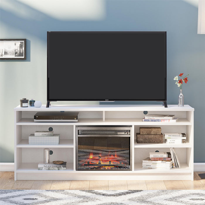Ameriwood Home Hendrix 65\" TV Stand with Electric Fireplace Insert and Shelves - Ivory Oak