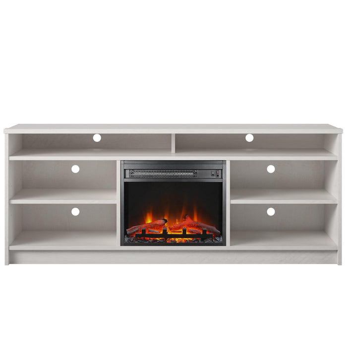 Ameriwood Home Hendrix 65\" TV Stand with Electric Fireplace Insert and Shelves - Ivory Oak