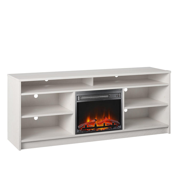 Ameriwood Home Hendrix 65\" TV Stand with Electric Fireplace Insert and Shelves - Ivory Oak