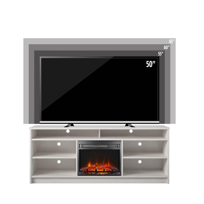 Ameriwood Home Hendrix 65\" TV Stand with Electric Fireplace Insert and Shelves - Ivory Oak