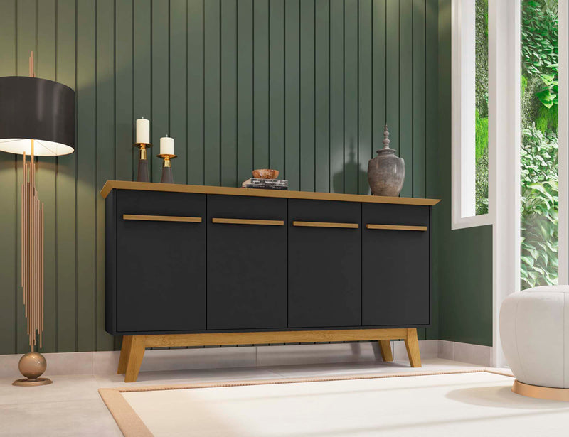 Manhattan Comfort Yonkers 62.99” Sideboard with Solid Wood Legs & 2 Cabinets - Black & Cinnamon