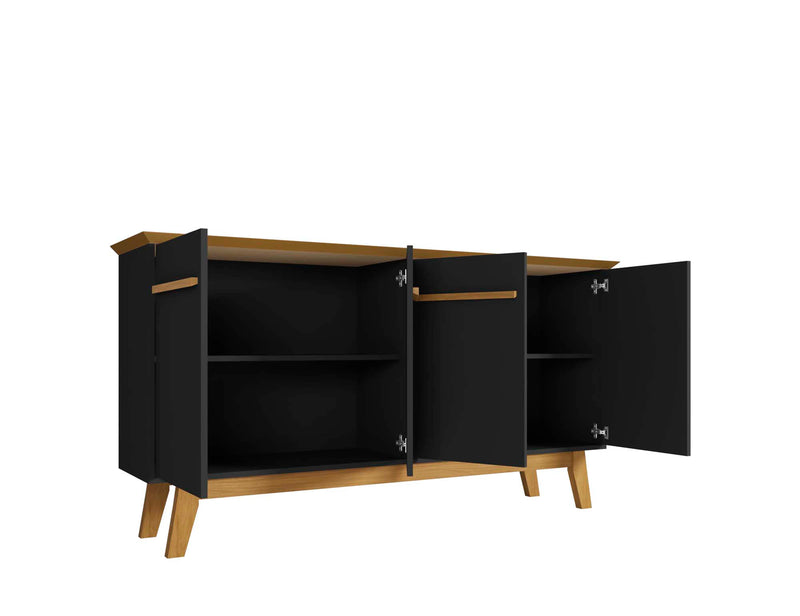 Manhattan Comfort Yonkers 62.99” Sideboard with Solid Wood Legs & 2 Cabinets - Black & Cinnamon