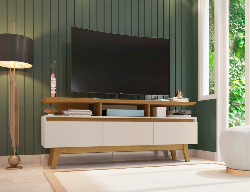 Manhattan Comfort Yonkers 62.99\" TV Stand with Solid Wood Legs & 6 Media Storage Compartments - Off White & Cinnamon