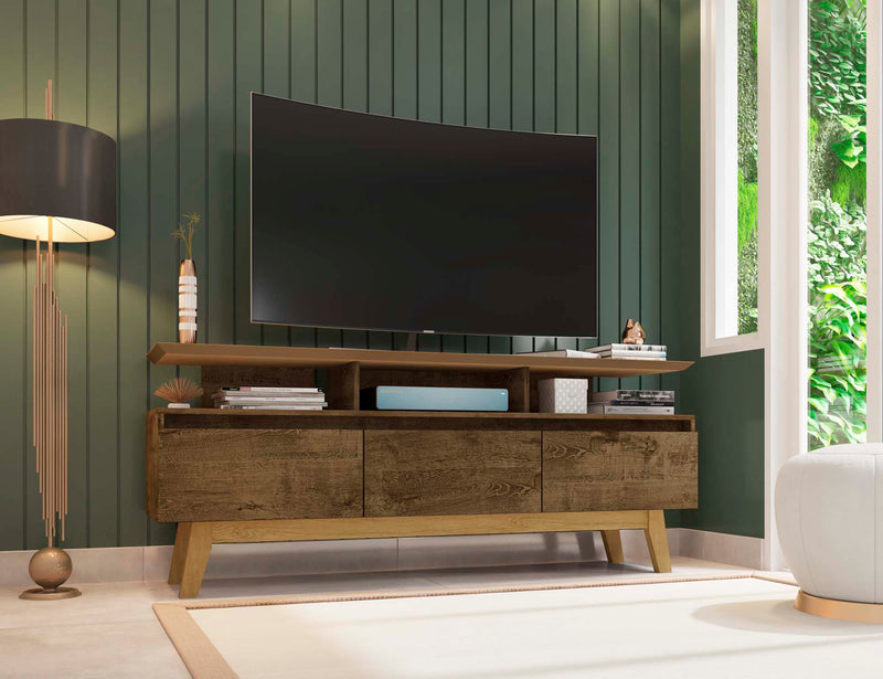 Manhattan Comfort Yonkers 62.99\" TV Stand with Solid Wood Legs & 6 Media Storage Compartments - Rustic Brown